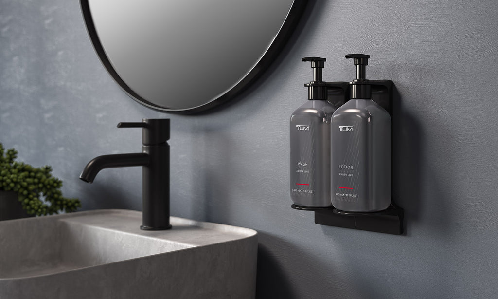 TUMI Hotel Amenities Range by Buzz Products Pluma Bracket System Range Refillable Bottles for for AirBnB Hotels Hospitality